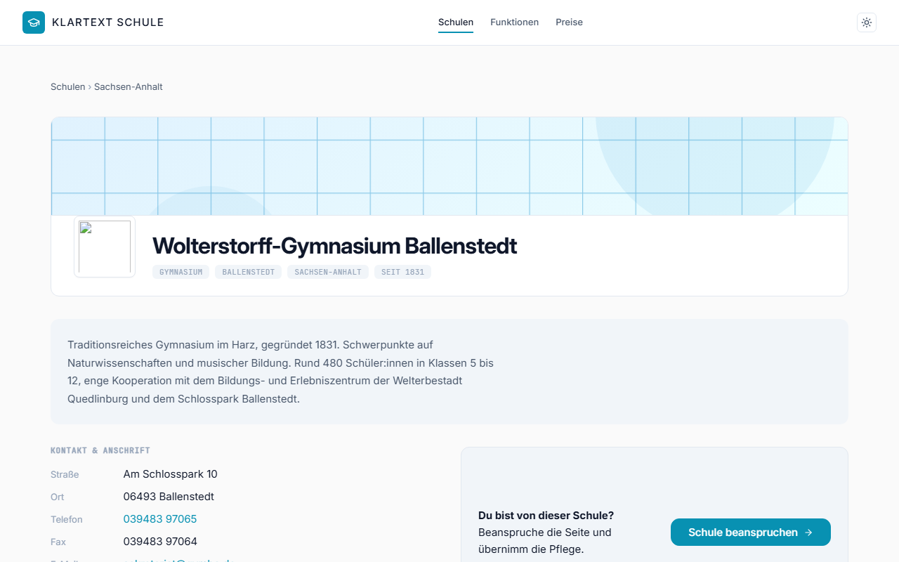 Screenshot der lernlotse-Seite für das Wolterstorff-Gymnasium Ballenstedt — Desktop-Ansicht